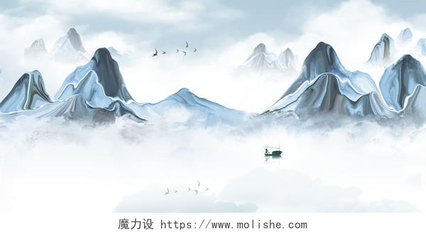 中国风蓝色意境山水画